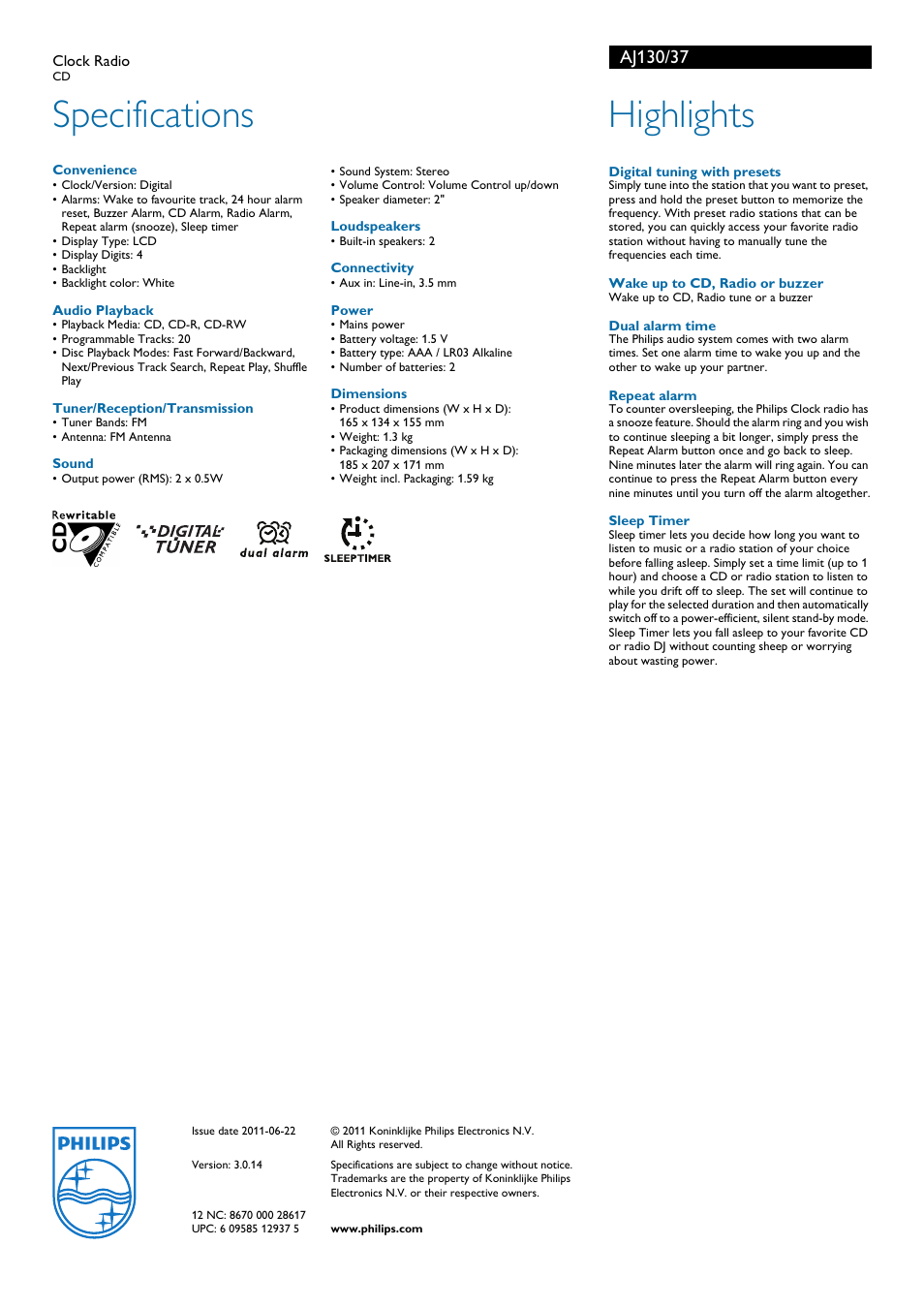 Specifications, Highlights | Philips AJ130/37 User Manual | Page 2 / 2
