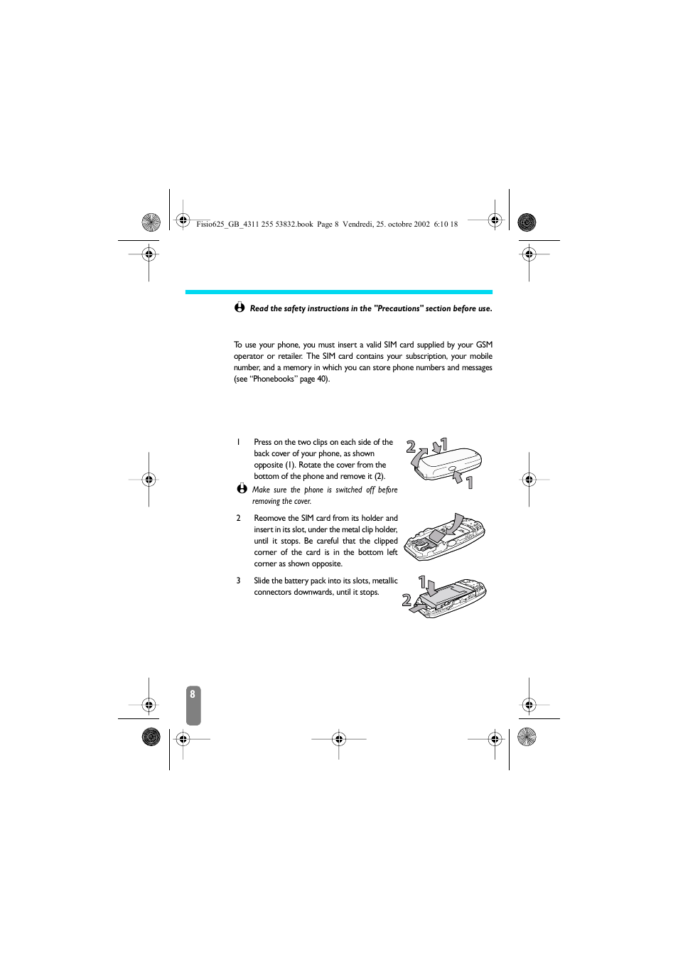 1 • getting started, First steps, Get started | Insert the sim card, Getting started, First steps get started | Philips Fisio 625 User Manual | Page 10 / 92