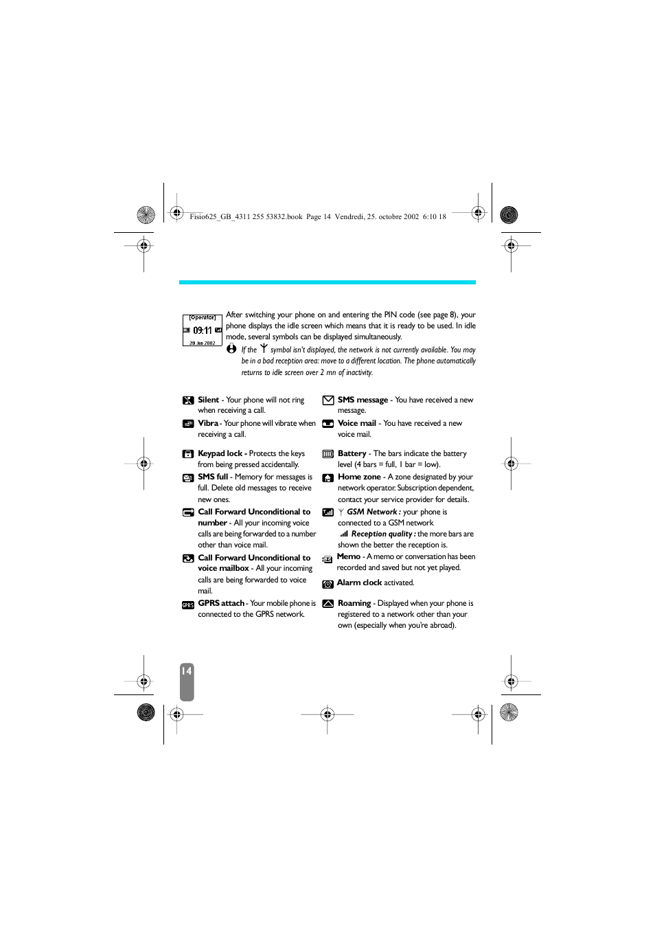 2 • main features, Idle screen, Symbols | Main features | Philips Fisio 625 User Manual | Page 16 / 92