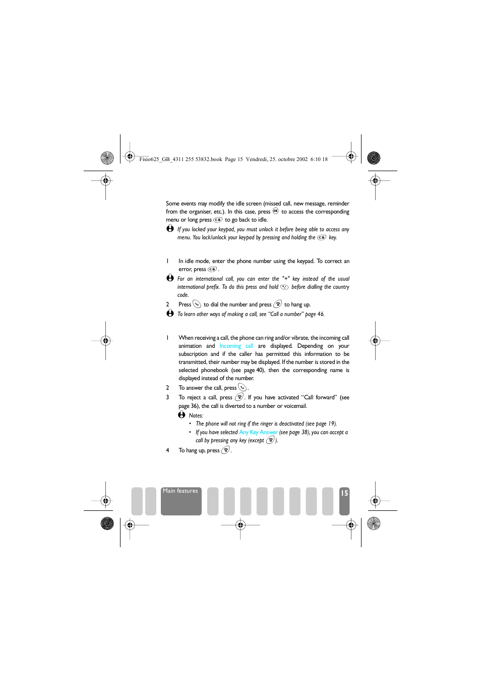 Events, Make a call, Answer and end a call | Make a call answer and end a call | Philips Fisio 625 User Manual | Page 17 / 92
