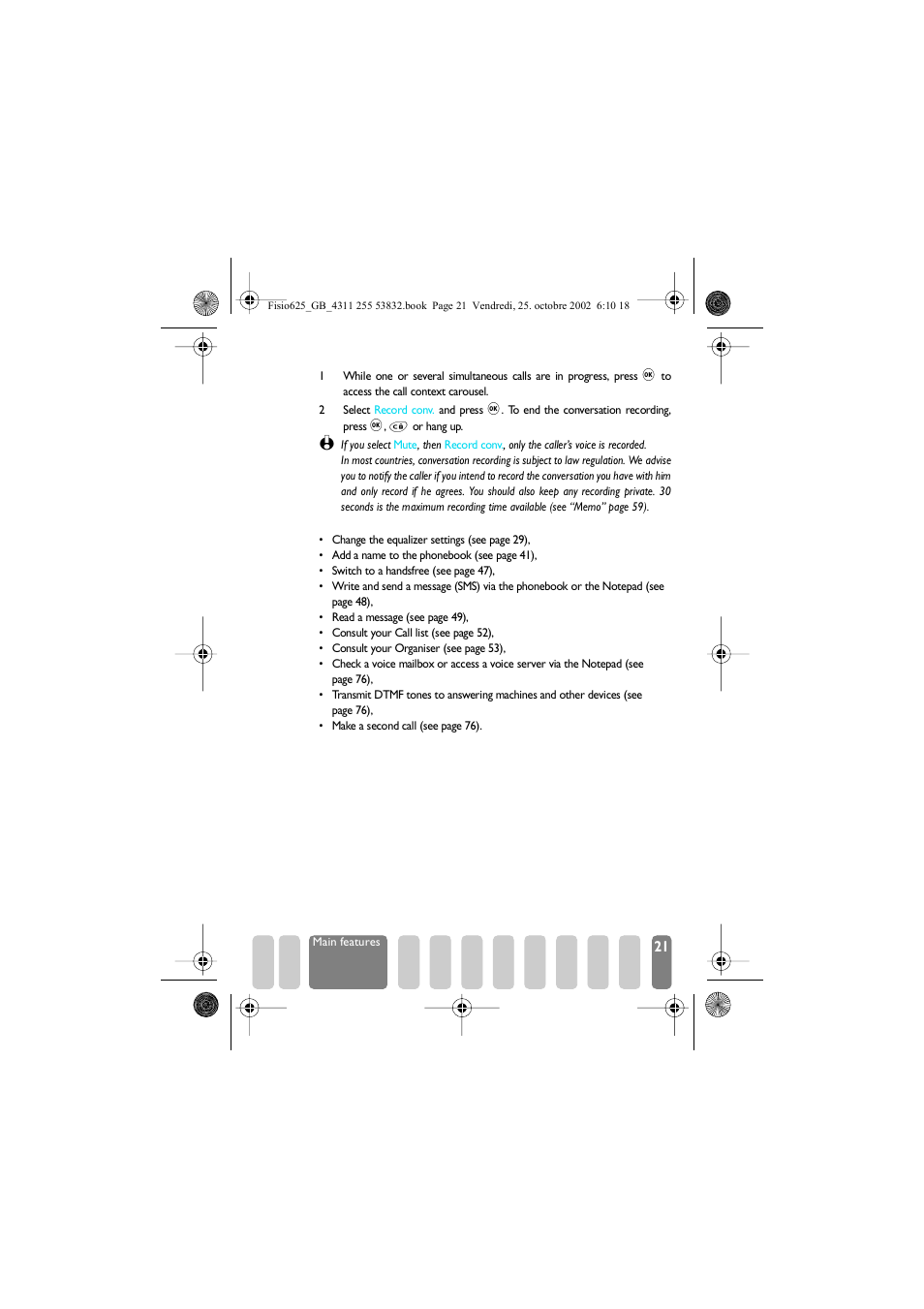 Other features during a call | Philips Fisio 625 User Manual | Page 23 / 92