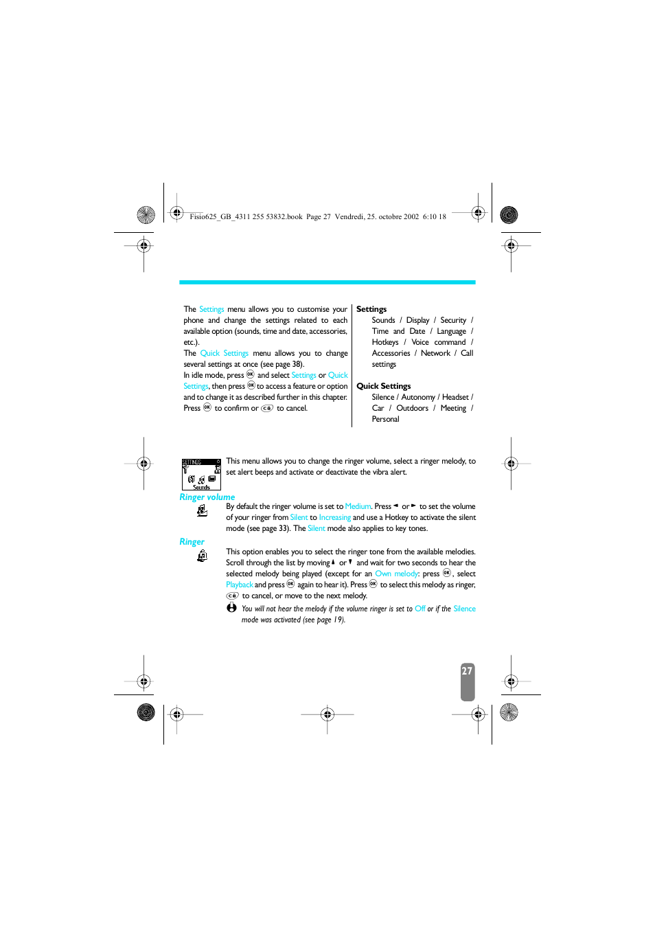 5 • settings & quick settings, Introduction, Settings | Sounds, Quick settings, Settings p27, Sounds p27, Ringer, Ringer volume | Philips Fisio 625 User Manual | Page 29 / 92