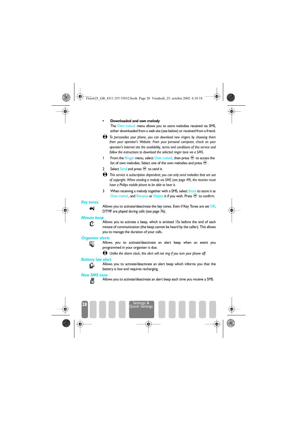 Key tones, Minute beep / organiser alerts / battery low alert, New sms tone | Philips Fisio 625 User Manual | Page 30 / 92