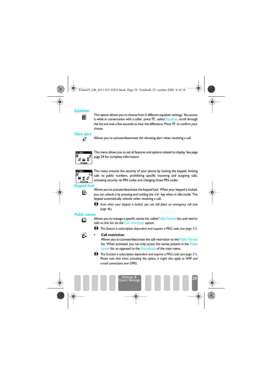 Display, Security, Display security | Vibra alert, Equalizer, Security p29, Keypad lock / public names | Philips Fisio 625 User Manual | Page 31 / 92