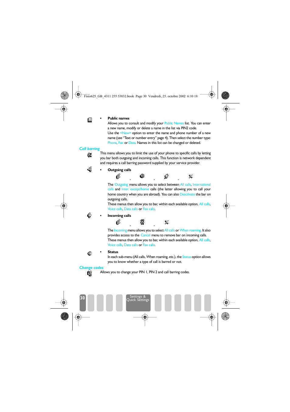Call barring, Change codes | Philips Fisio 625 User Manual | Page 32 / 92