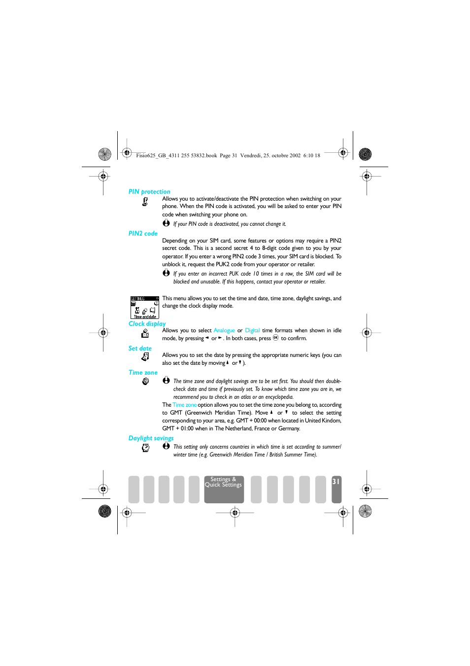 Time and date, Pin protection, Time and date p31 | Clock display / set date / s, Time zone / daylight savings | Philips Fisio 625 User Manual | Page 33 / 92