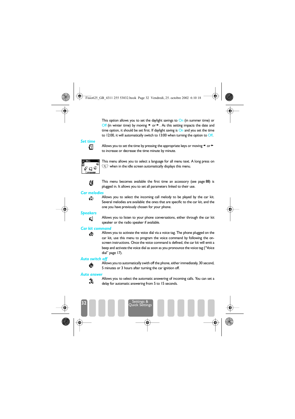 Language, Accessories, Language accessories | Et time, Language p32, Accessories p32, Car melodies / speakers, Car kit command / auto switch off / auto answer | Philips Fisio 625 User Manual | Page 34 / 92