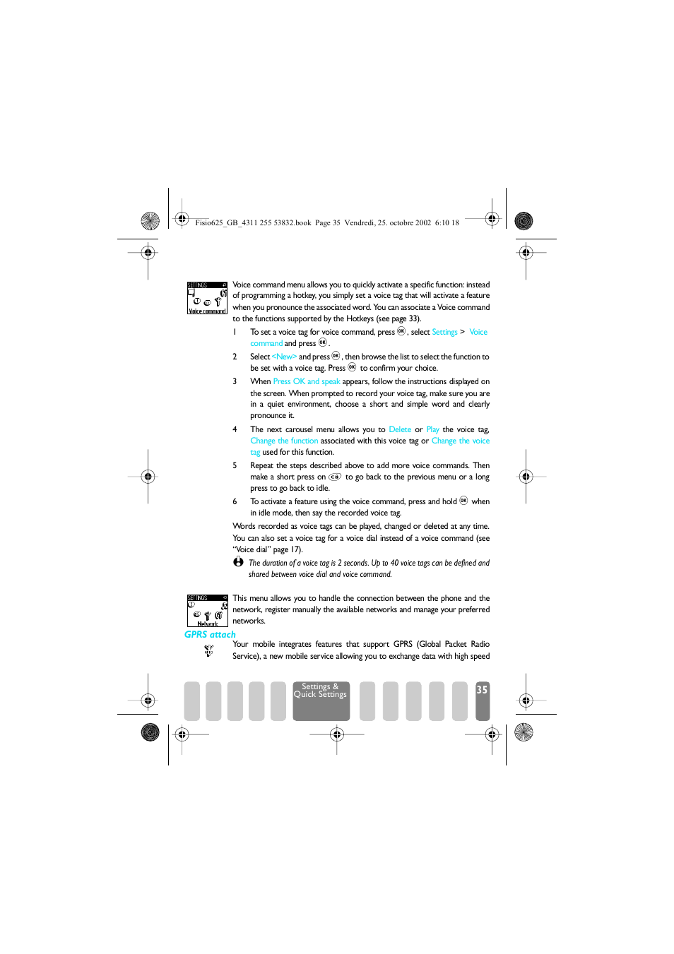 Voice command, Network, Voice command network | Voice command p35, Network p35, Gprs attach | Philips Fisio 625 User Manual | Page 37 / 92