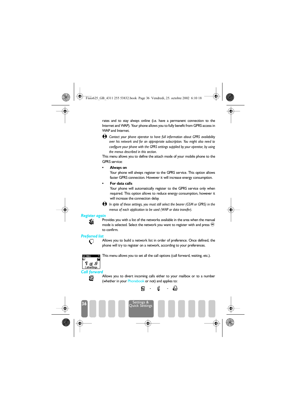 Call settings, Call forward” (s, Register again / preferred list | Call settings p36, Call forward | Philips Fisio 625 User Manual | Page 38 / 92