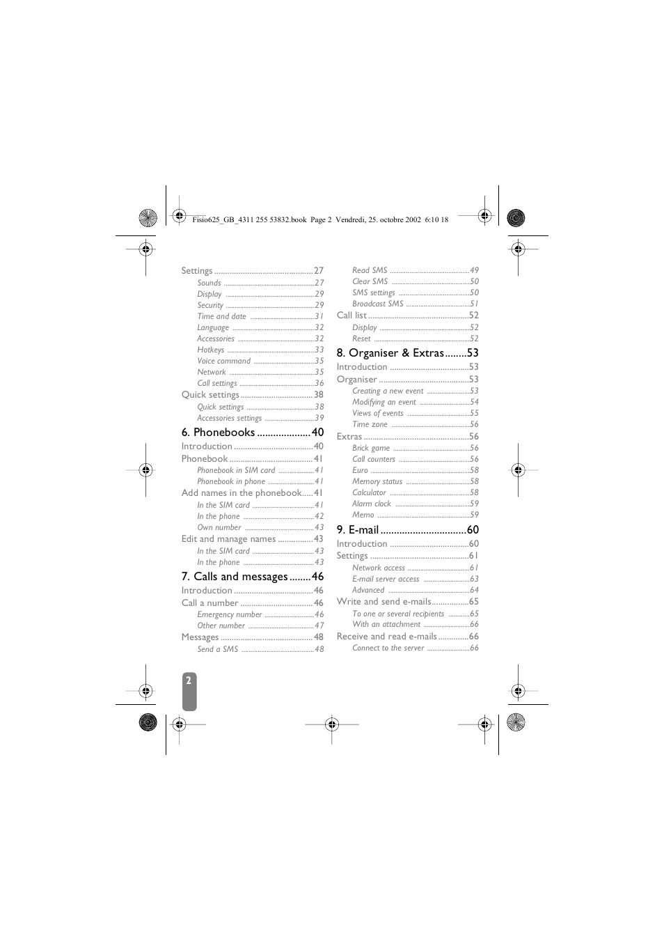 Phonebooks, Calls and messages, Organiser & extras | E-mail | Philips Fisio 625 User Manual | Page 4 / 92