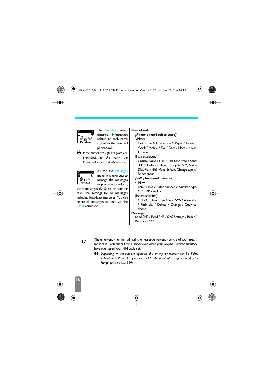 7 • calls and messages, Introduction, Call a number | Emergency number, Calls and messages, Introduction call a number, Messages p46 | Philips Fisio 625 User Manual | Page 48 / 92