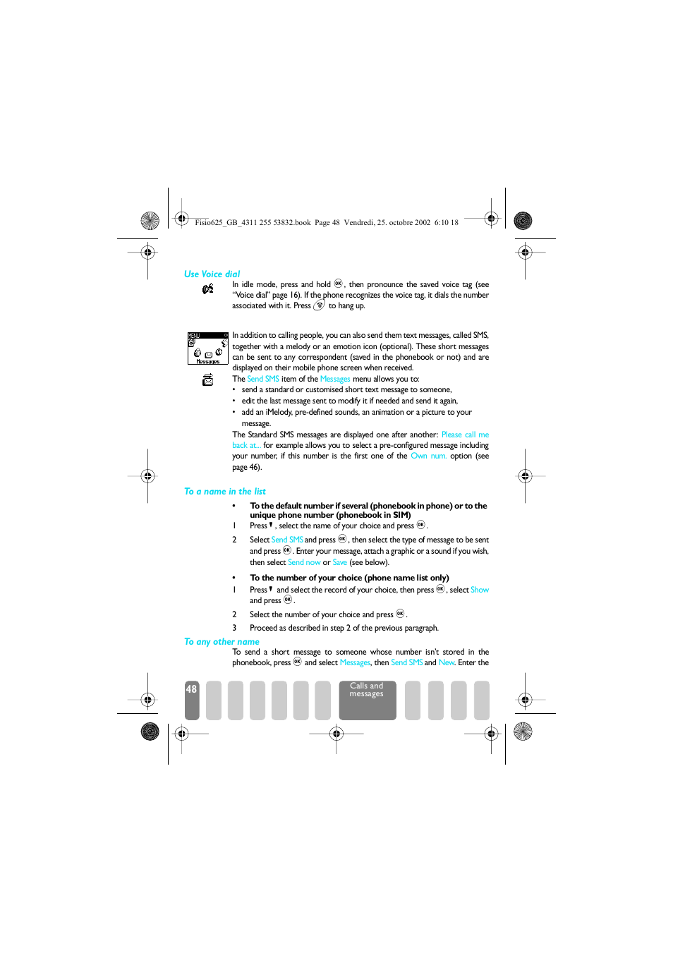 Messages, Send a sms, Send a sms p48 | Philips Fisio 625 User Manual | Page 50 / 92