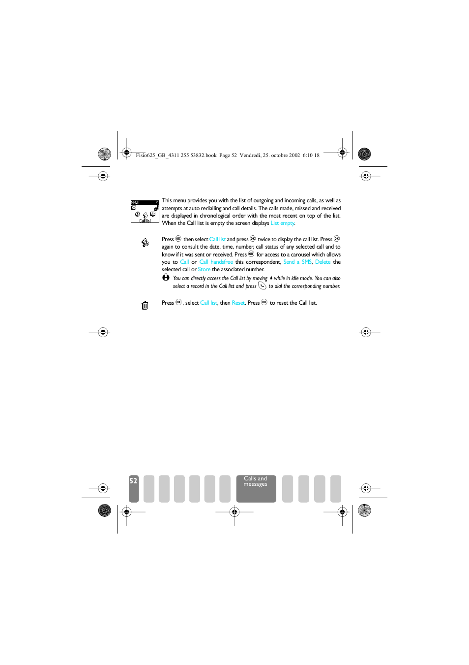 Call list, Display, Reset | Display reset, Reset p52, Call list p52 | Philips Fisio 625 User Manual | Page 54 / 92