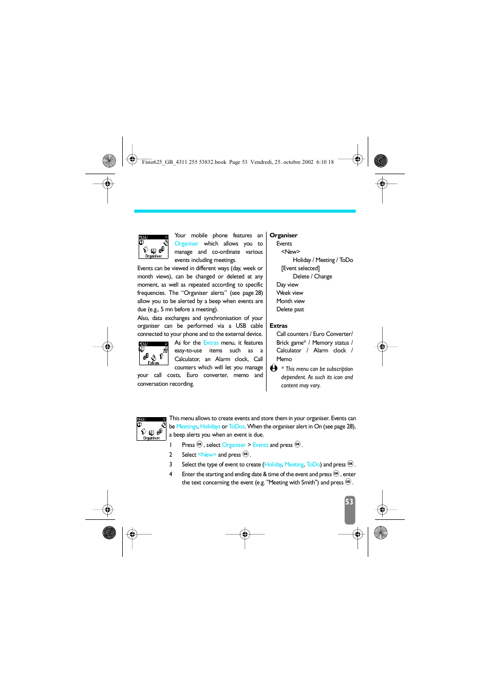 8 • organiser & extras, Introduction, Organiser | Creating a new event, Organiser & extras, Introduction organiser, Organiser p53, Events p53, Day view p53, Week view p53 | Philips Fisio 625 User Manual | Page 55 / 92