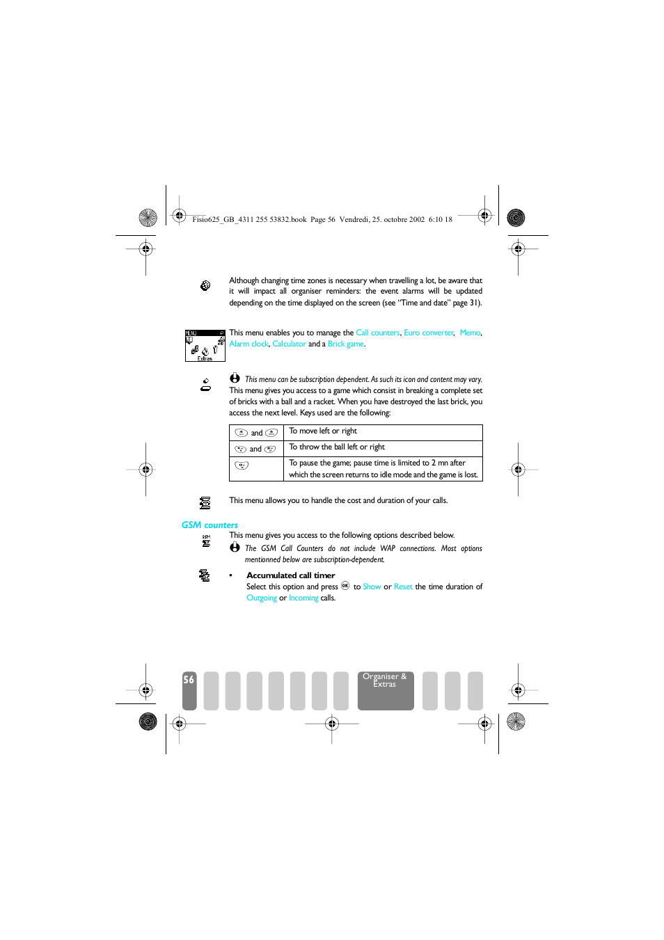 Time zone, Extras, Brick game | Call counters, Brick game call counters, Extras p56, Brick game p56, Call counters p56, Gsm counters | Philips Fisio 625 User Manual | Page 58 / 92