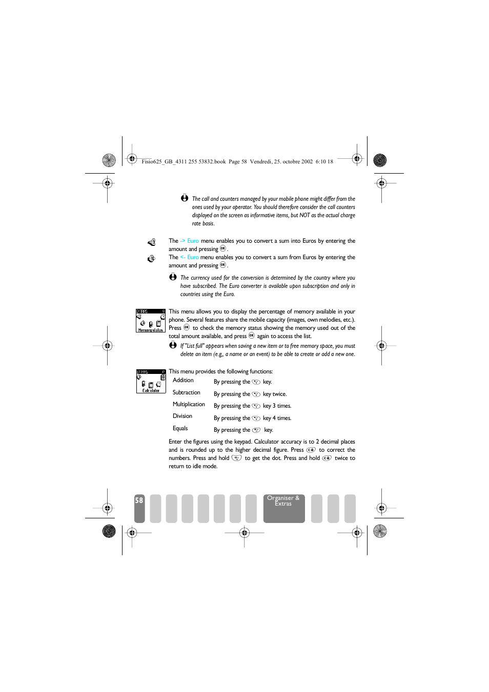 Euro, Memory status, Calculator | Euro memory status calculator, Euro p58, Memory status p58, Calculator p58 | Philips Fisio 625 User Manual | Page 60 / 92
