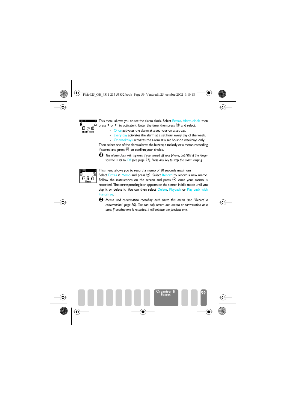 Alarm clock, Memo, Alarm clock memo | Alarm clock p59, Memo p59 | Philips Fisio 625 User Manual | Page 61 / 92