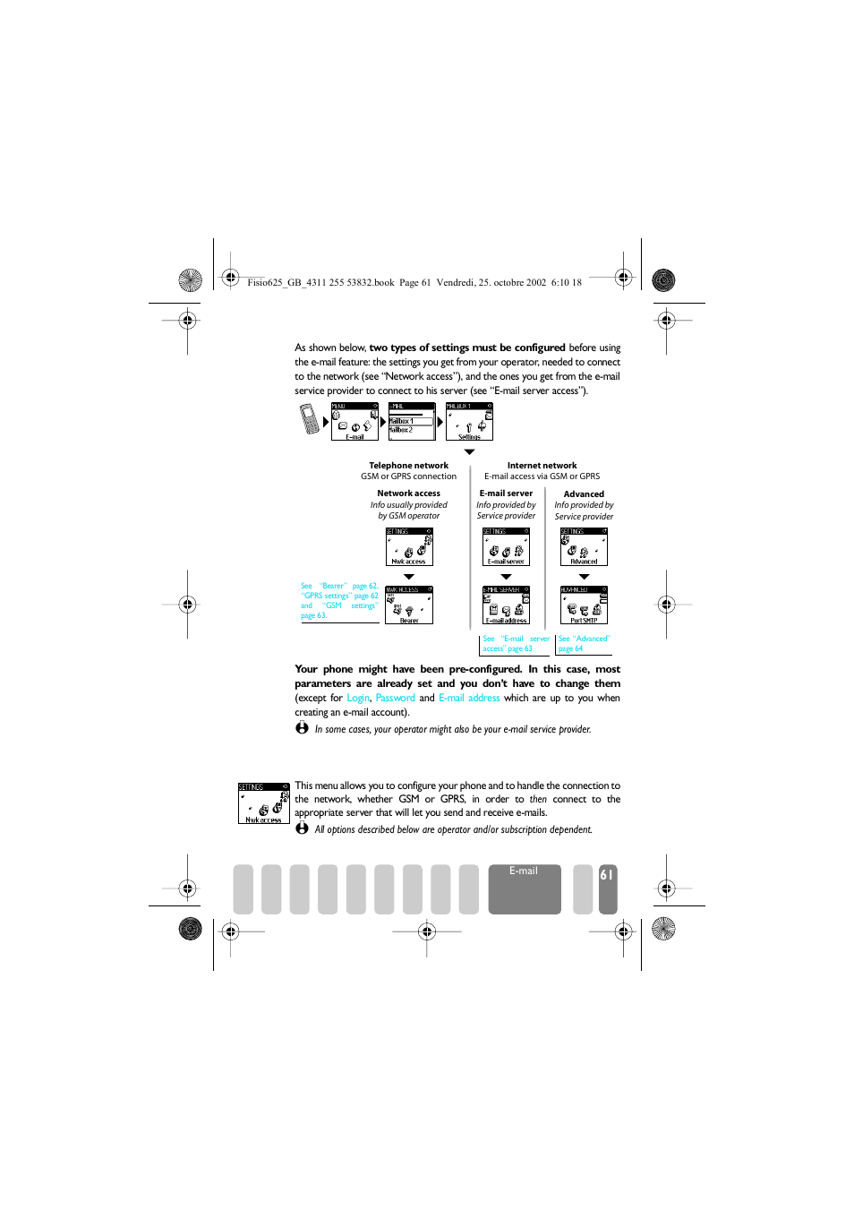 Settings, Network access, Settings p61 | Network access / e | Philips Fisio 625 User Manual | Page 63 / 92