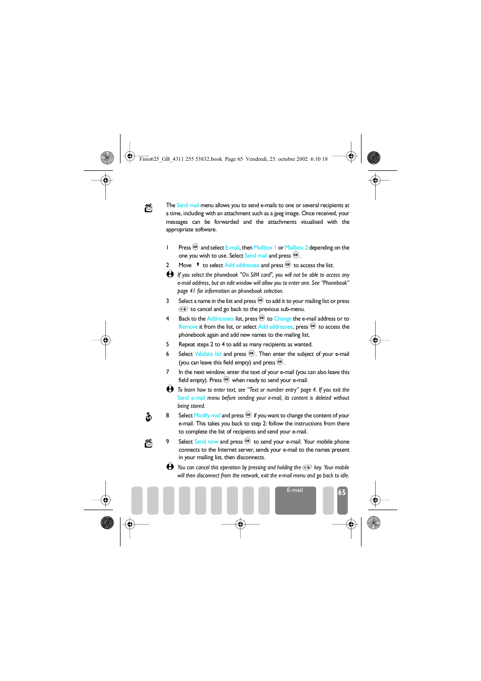 Write and send e�mails, To one or several recipients, Write and send e-mails | Send mail p65 | Philips Fisio 625 User Manual | Page 67 / 92