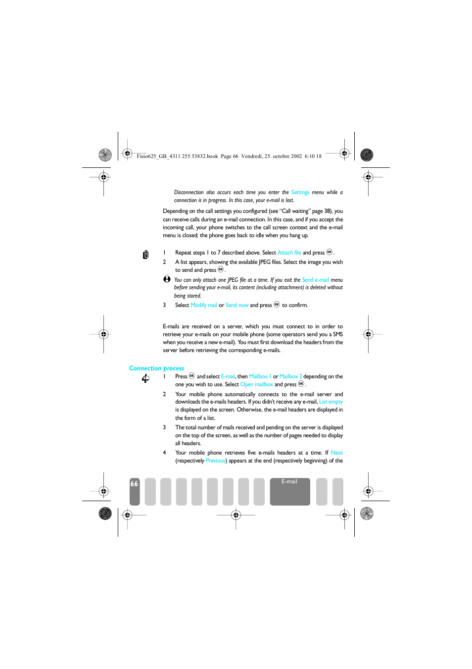With an attachment, Receive and read e�mails, Connect to the server | Receive and read e-mails, Open mailbox p66 | Philips Fisio 625 User Manual | Page 68 / 92