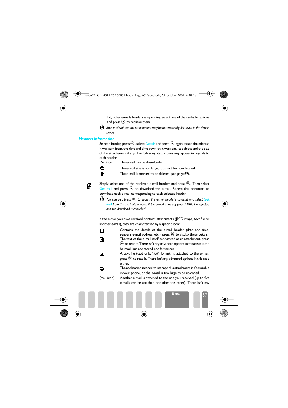 Download e�mails, Get and store attachments, Download e-mails get and store attachments | Philips Fisio 625 User Manual | Page 69 / 92