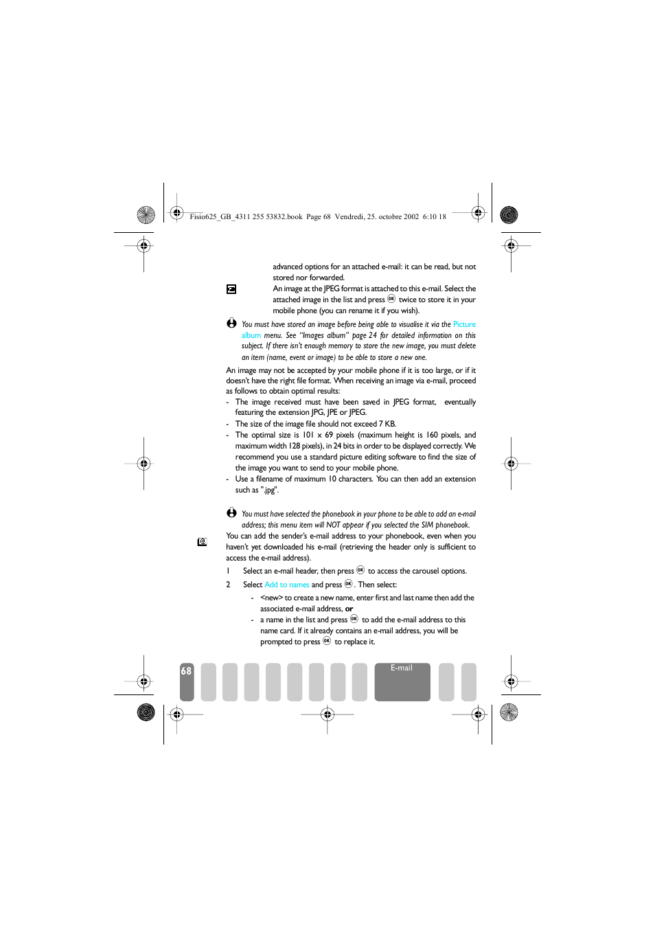 Add an e�mail address to the phonebook, Add an e-mail address to the phonebook | Philips Fisio 625 User Manual | Page 70 / 92