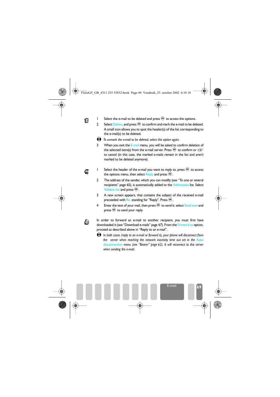 Delete e�mails, Reply to an e�mail, Forward an e�mail | Philips Fisio 625 User Manual | Page 71 / 92