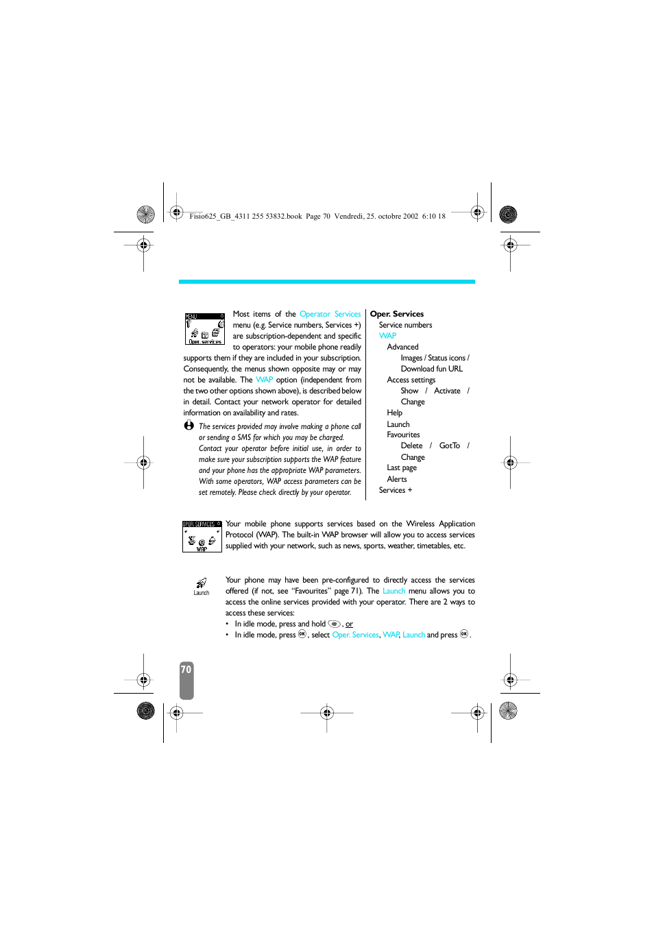 10 • wap services, Introduction, Launch | Wap services, Introduction wap, Wap p70 | Philips Fisio 625 User Manual | Page 72 / 92