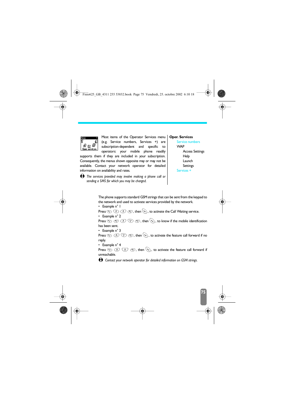 11 • other operator services, Introduction, Gsm strings | Other operator, Services, Introduction gsm strings, Oper. services p75, Services + p75, Service numbers p75 | Philips Fisio 625 User Manual | Page 77 / 92
