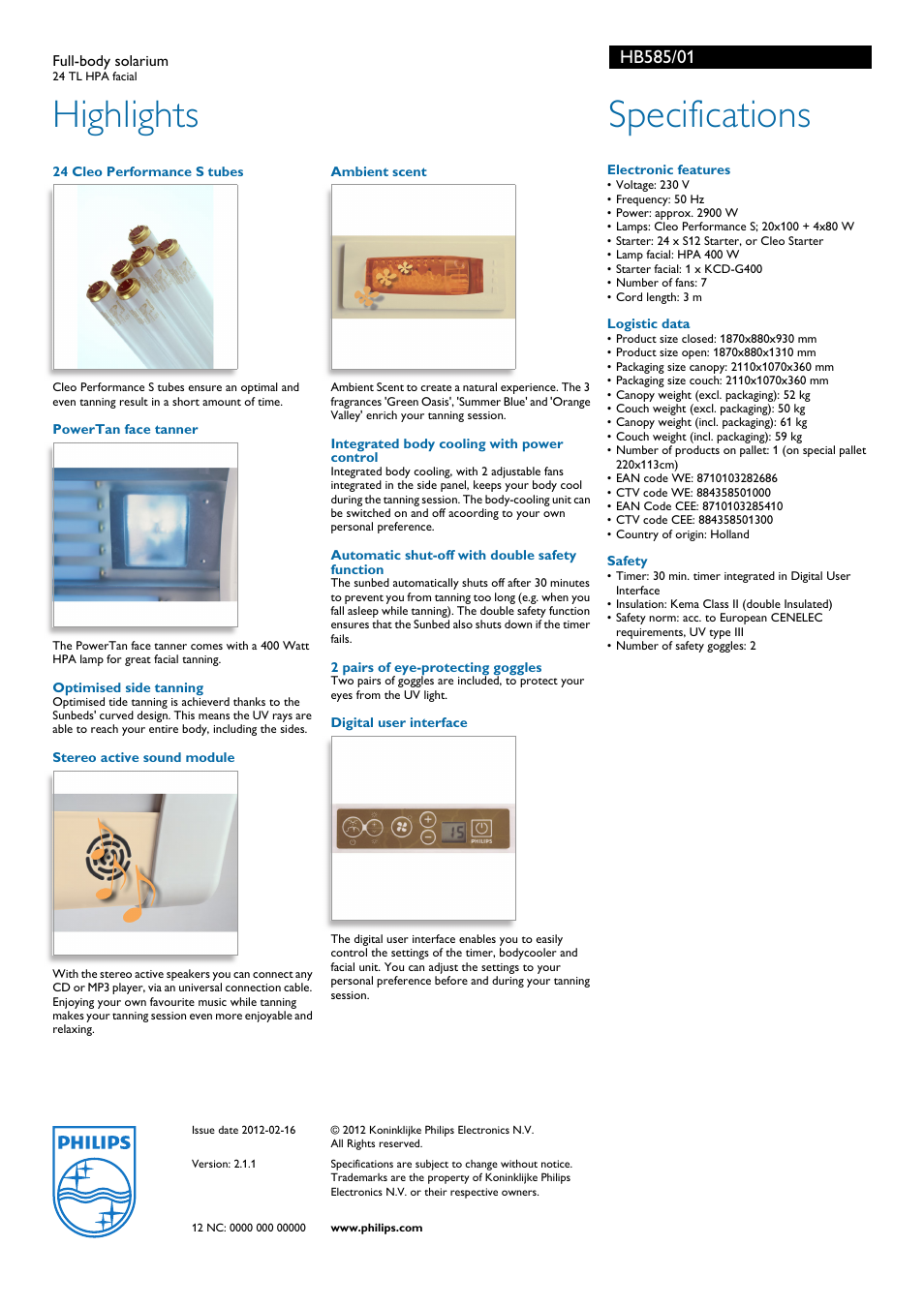 Highlights, Specifications | Philips HB585 User Manual | Page 2 / 2