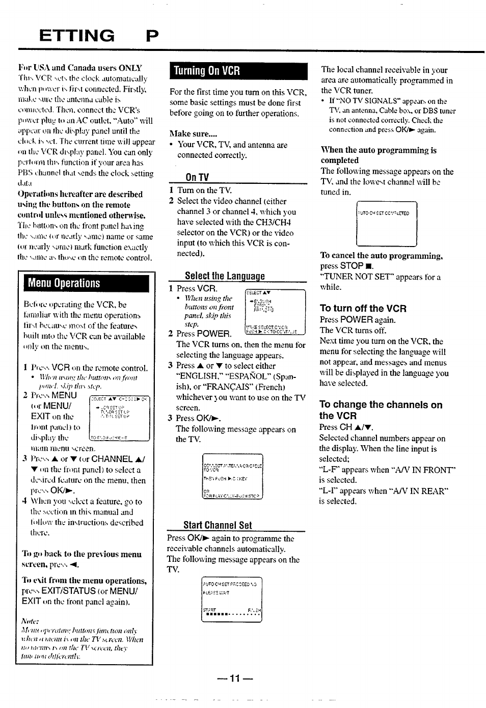 Etting, Turning on vcr, Select the language | Start channel set, To turn off the vcr, To change the channels on the vcr, Menu operations | Philips turbo drive VR550 User Manual | Page 11 / 28