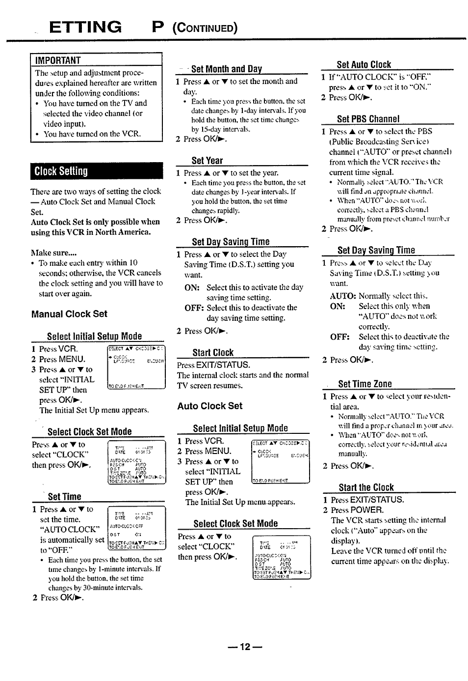 Clock setting, Manual clock set, Select initial setup mode | Select clock set mode, Set time, Set month and day, Set year, Set day saving time, Start clock, Auto clock set | Philips turbo drive VR550 User Manual | Page 12 / 28