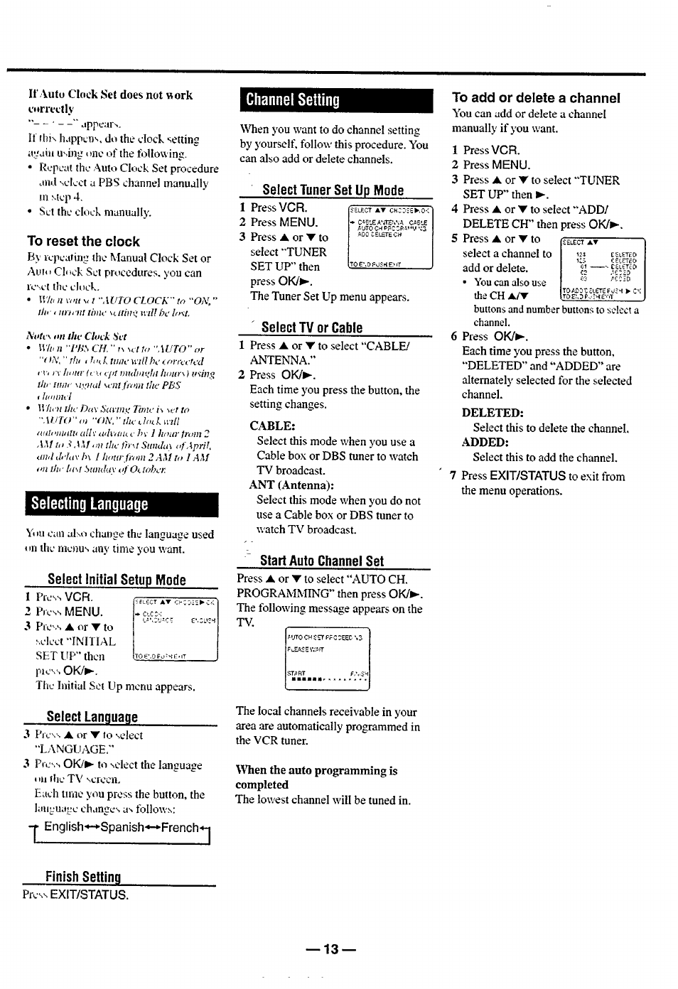 To reset the clock, Selecting language, Select initial setup mode | Select language, Channel setting, Select tuner set up mode, Select tv or cable, Start auto channel set, To add or delete a channel, Finish setting | Philips turbo drive VR550 User Manual | Page 13 / 28