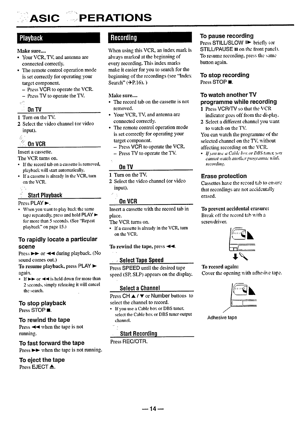 Asic perations, Playback, Recording | Philips turbo drive VR550 User Manual | Page 14 / 28