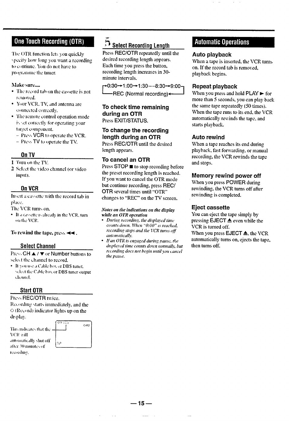 One touch recording (otr), On tv, On vcr | Select channel, Select recording length, To check time remaining during an otr, To change the recording length during an otr, To cancel an otr, Automatic operations, Auto playback | Philips turbo drive VR550 User Manual | Page 15 / 28