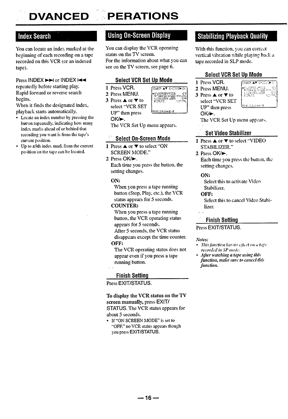 Dvanced perations, Using on-screen display, Stabilizing playback quality | Philips turbo drive VR550 User Manual | Page 16 / 28