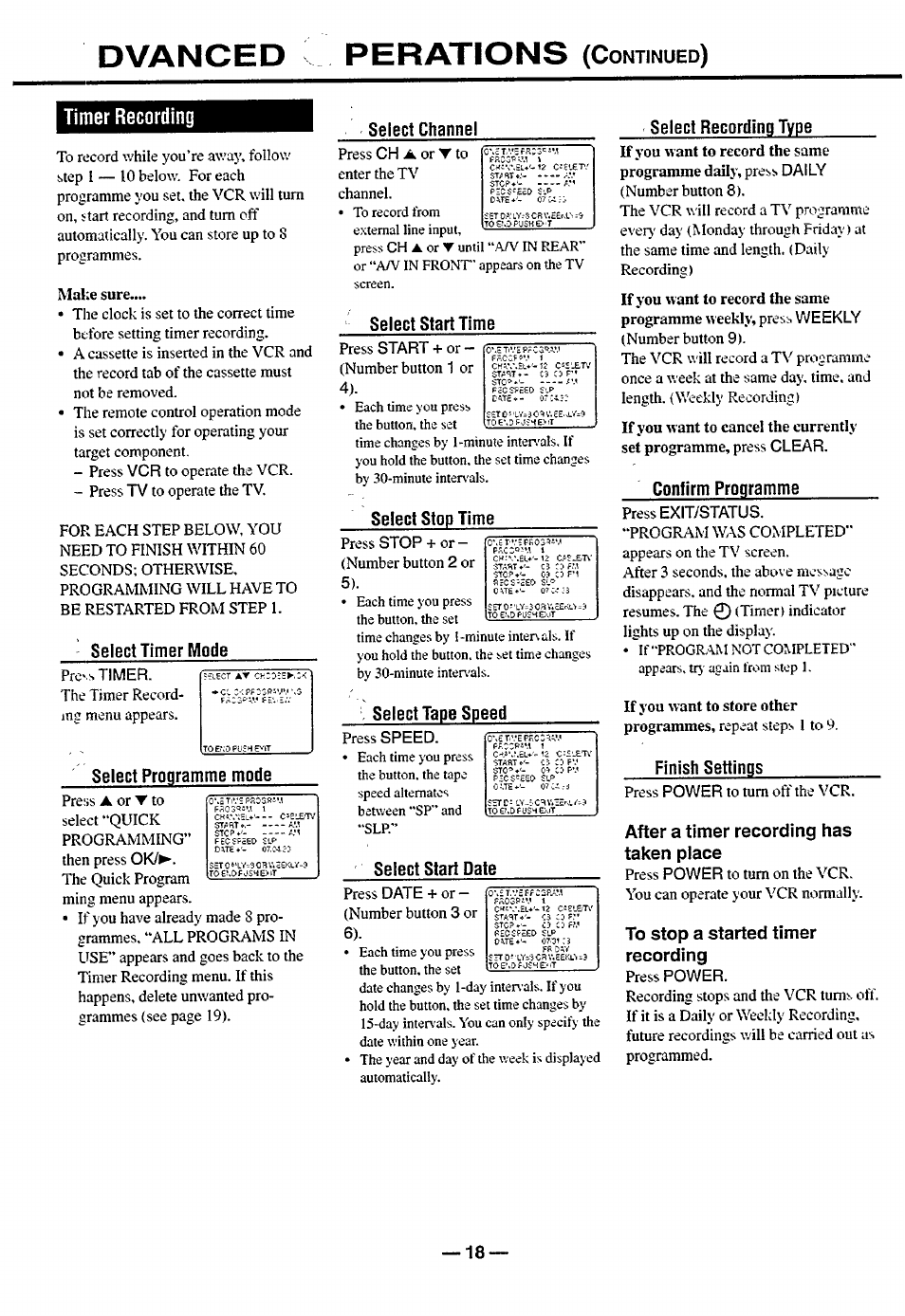 Dvanced perations (continued), Tinier recording, Dvanced perations | After a timer recording has taken place | Philips turbo drive VR550 User Manual | Page 18 / 28