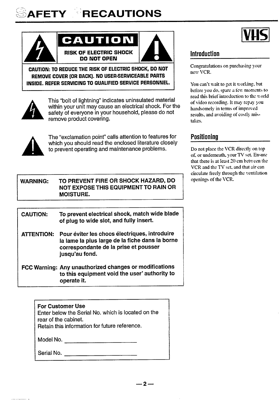 Afety recautions, Introduction, Positioning | Philips turbo drive VR550 User Manual | Page 2 / 28