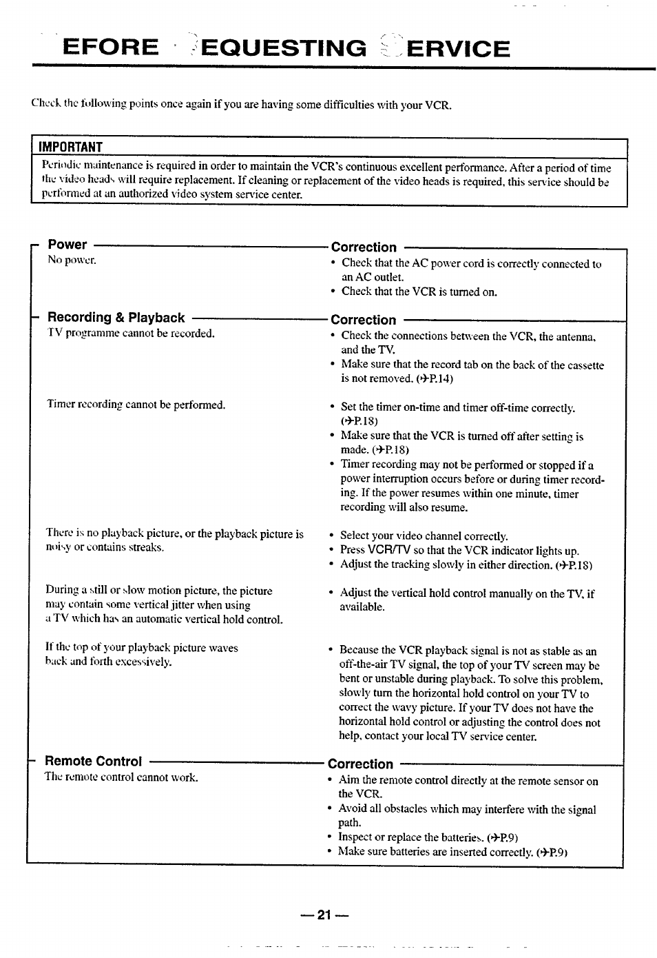 Important, R- power, Recording & playback | Correction, Remote control, Efore equesting ervice | Philips turbo drive VR550 User Manual | Page 21 / 28