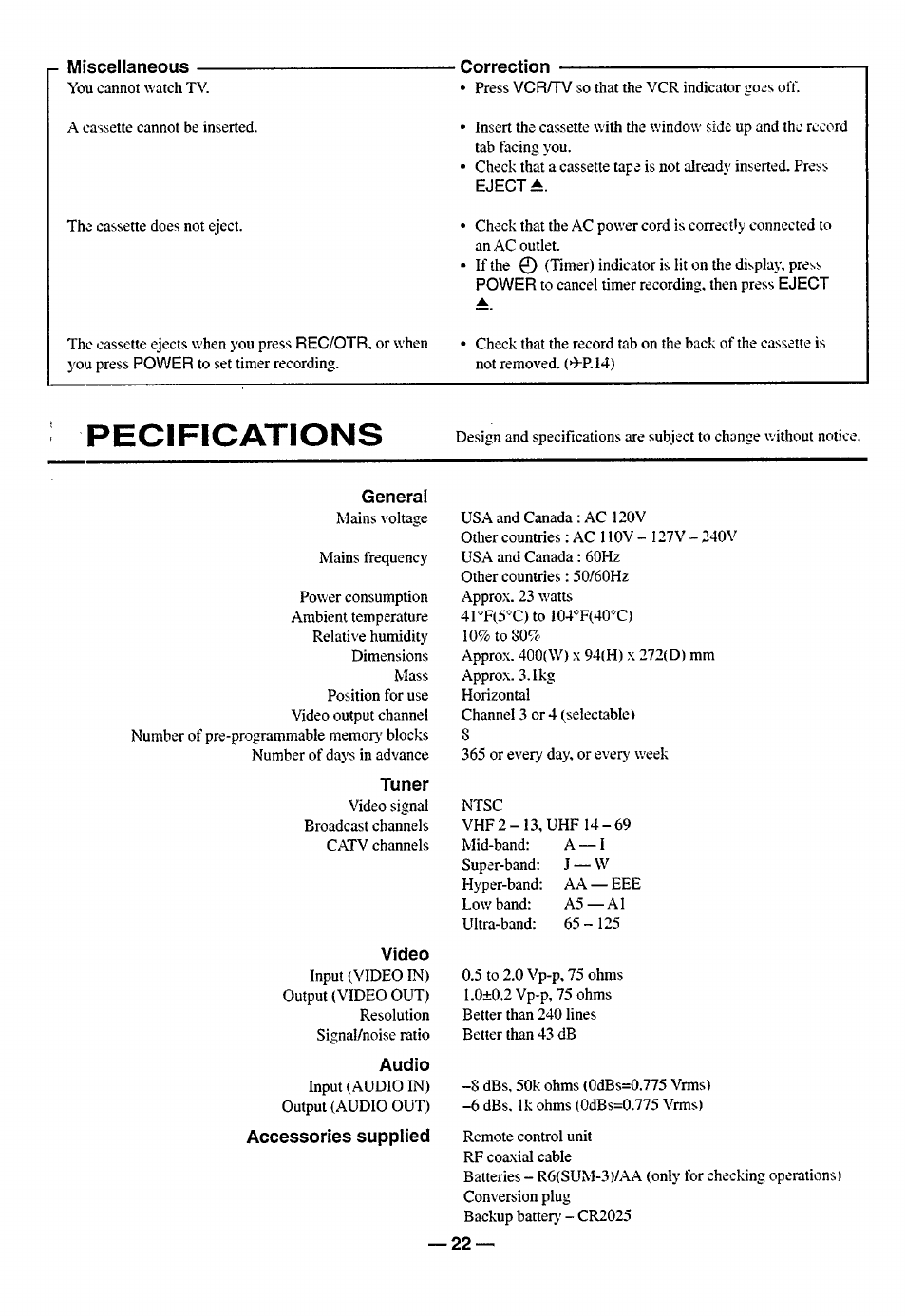 Pecifications | Philips turbo drive VR550 User Manual | Page 22 / 28