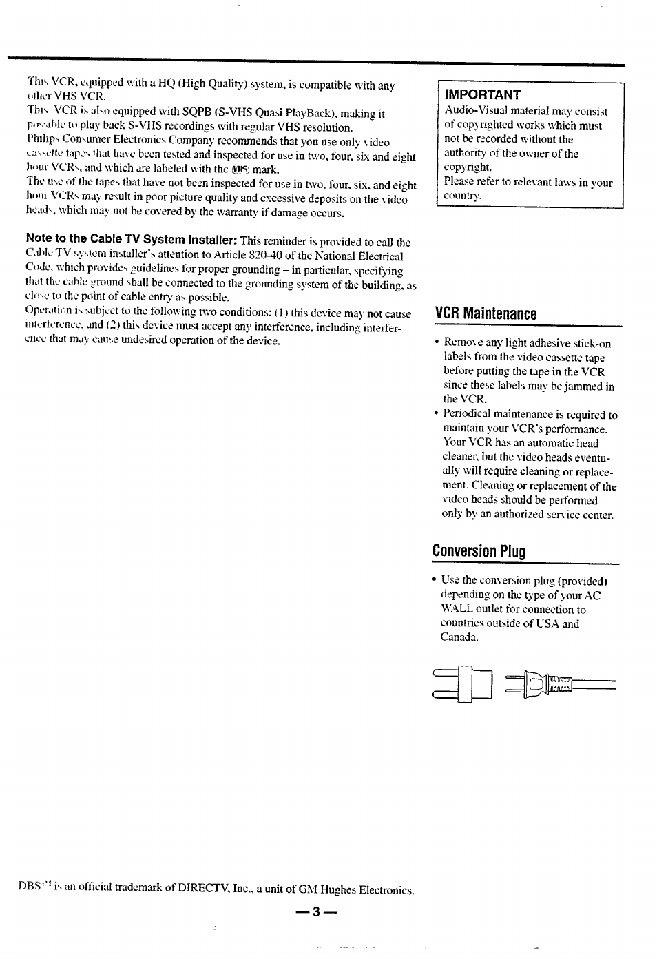 Conversion plug, Vcr maintenance | Philips turbo drive VR550 User Manual | Page 3 / 28