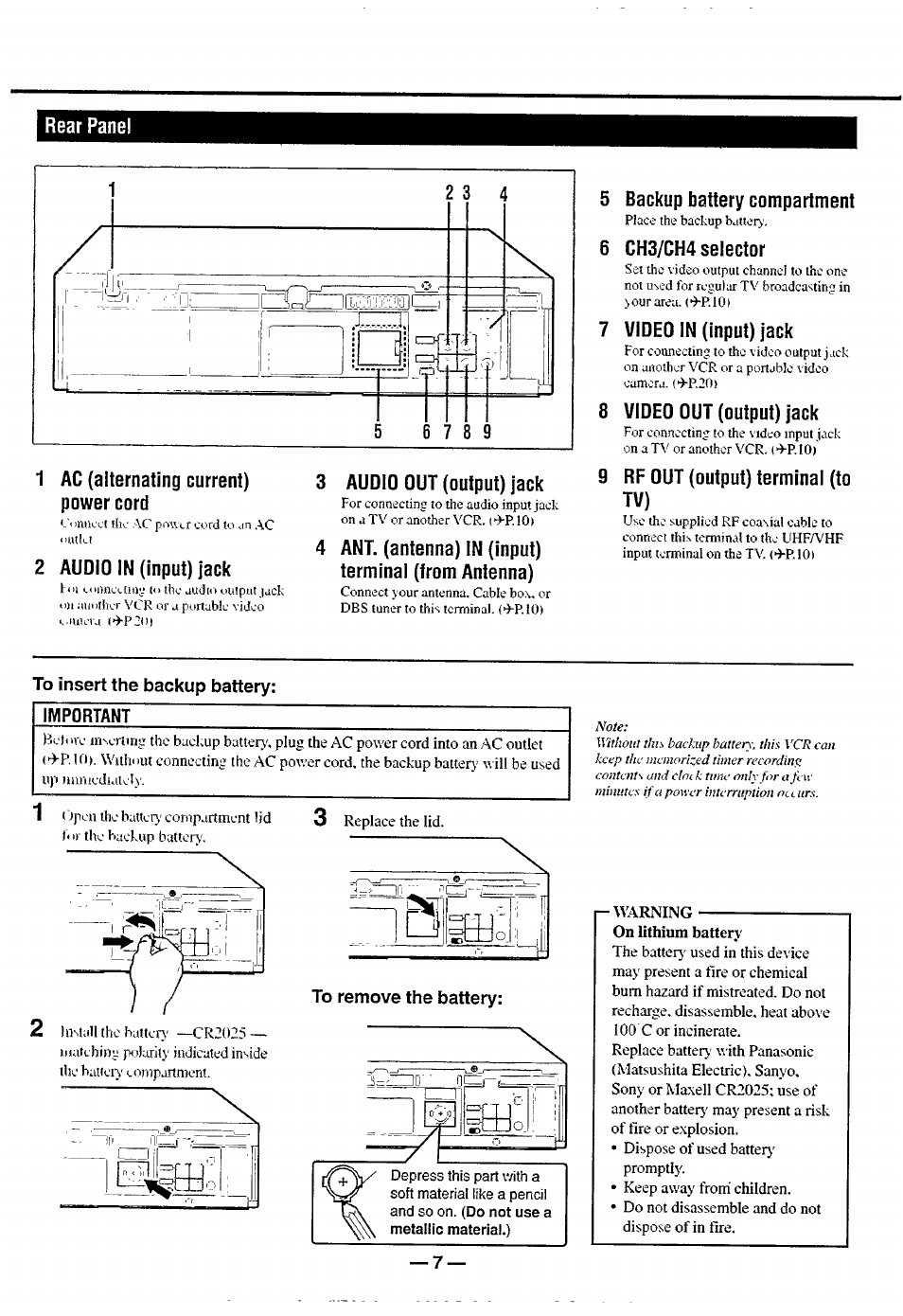 Rear panel, 2 audio in (input) jack, 5 backup battery compartment | 6 ch3/ch4 selector, 7 video in (input) jack, 8 video out (output) jack, 9 rf out (output) terminal (to tv), To insert the backup battery, Important, Rear panel 1 ac (alternating current) power cord | Philips turbo drive VR550 User Manual | Page 7 / 28