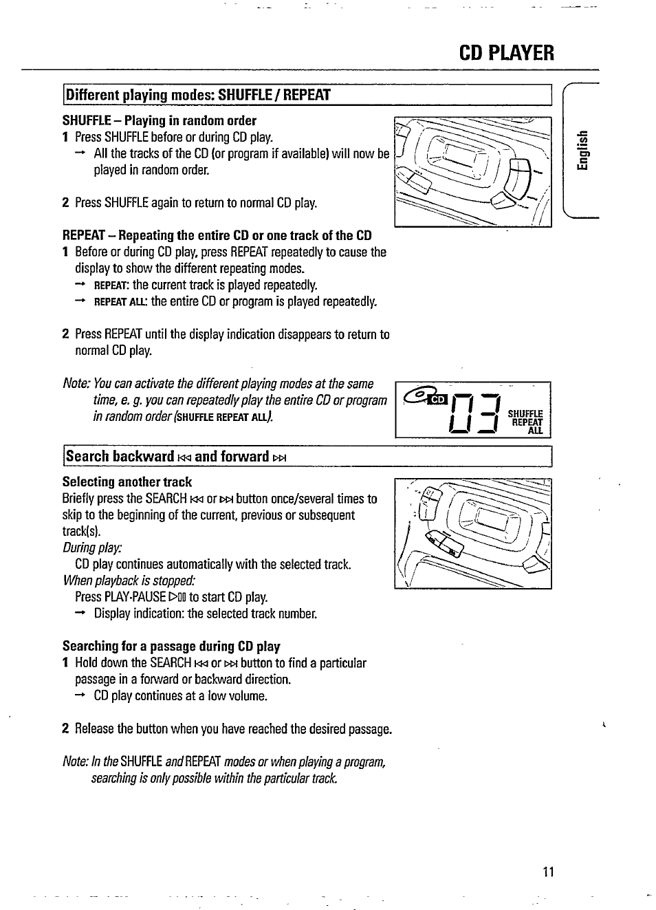 Different playing modes: shuffle/repeat, Search backward km and forward txx, Cd player | Philips MAGNAVOX AZ 1200/04 User Manual | Page 11 / 20