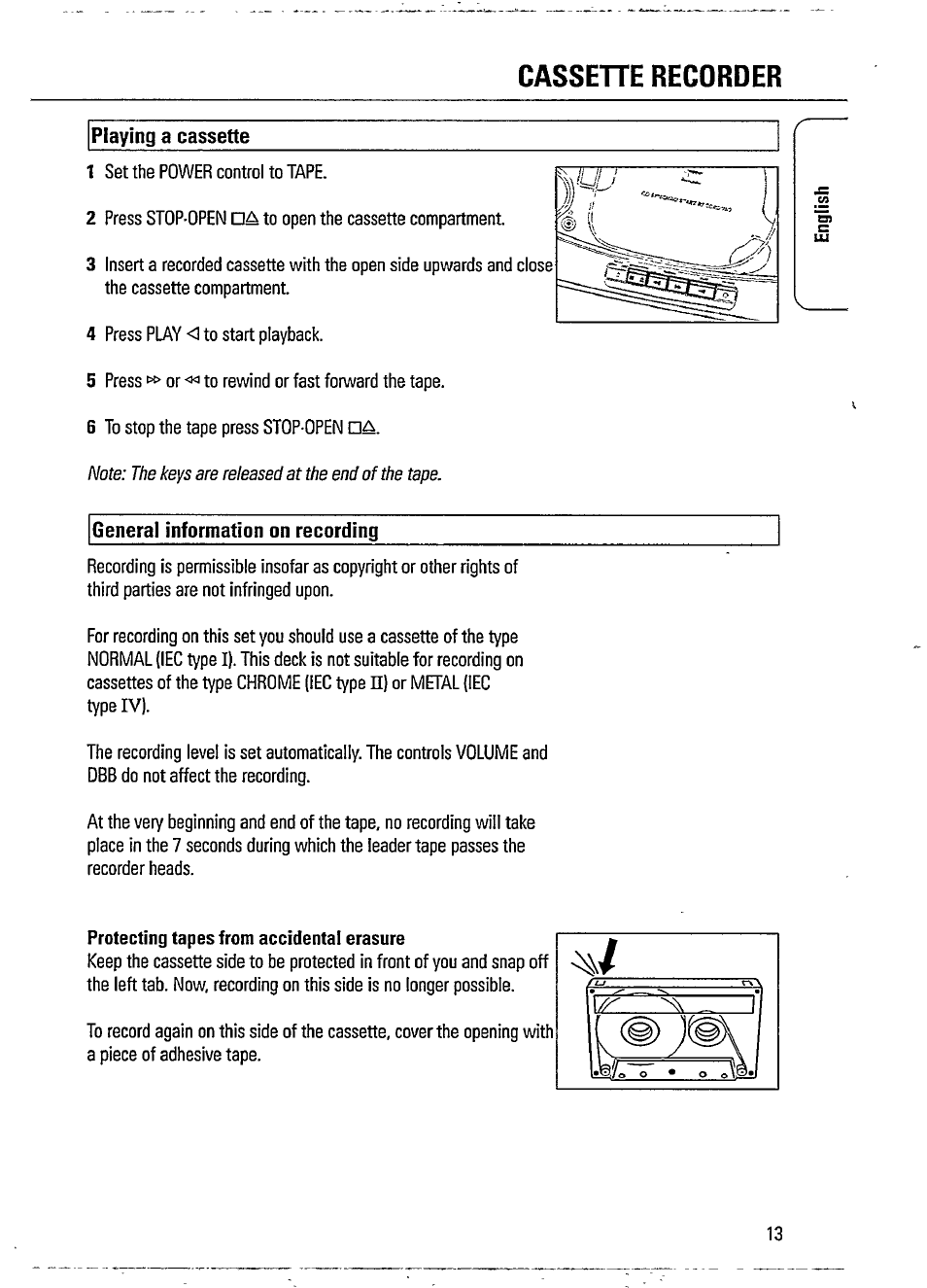 Playing a cassette, General information on recording, Cassehe recorder | Philips MAGNAVOX AZ 1200/04 User Manual | Page 13 / 20