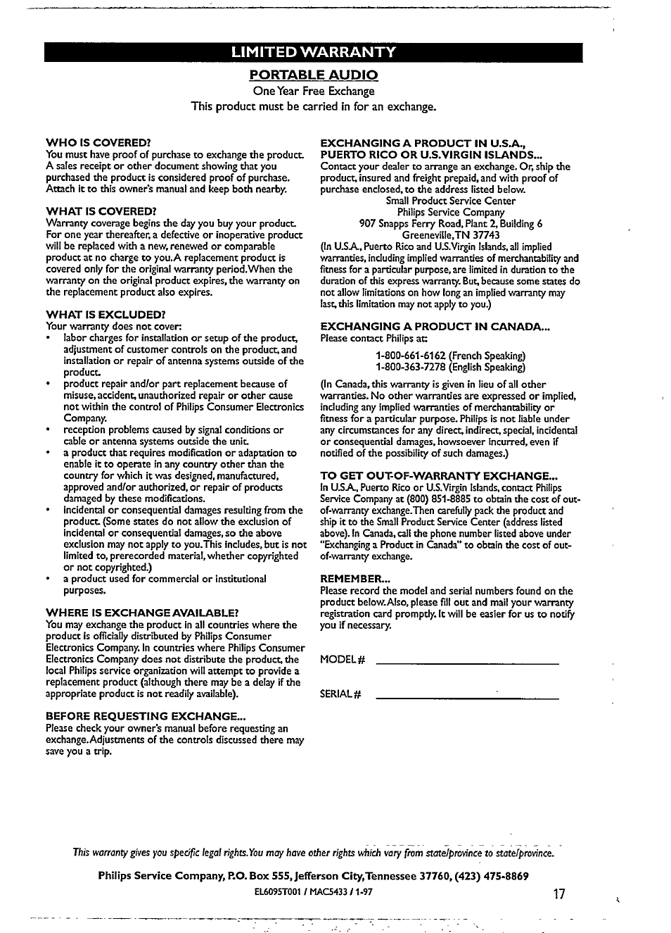 Limited warranty | Philips MAGNAVOX AZ 1200/04 User Manual | Page 17 / 20