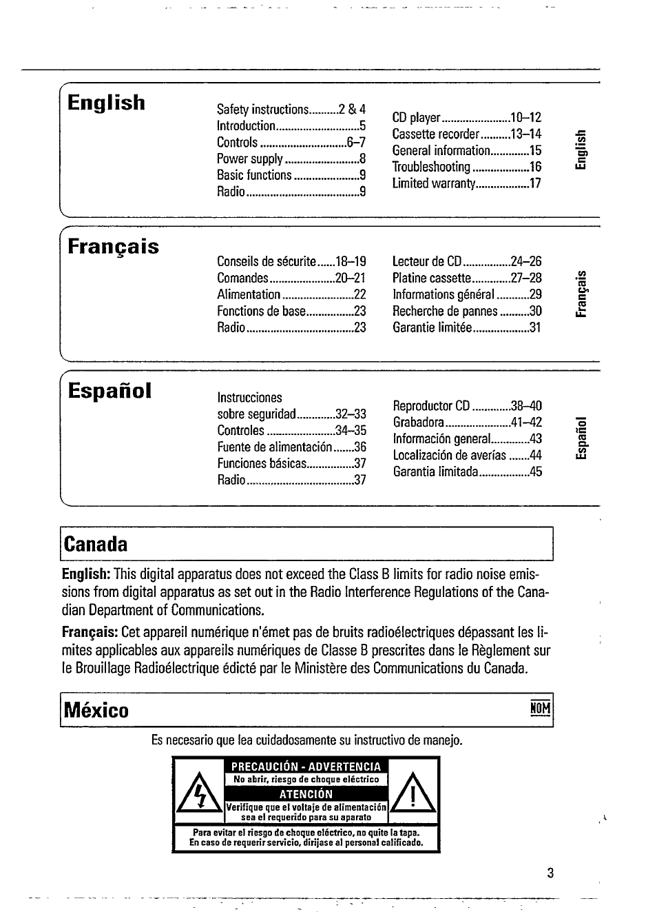 English français español, Canada, México | Philips MAGNAVOX AZ 1200/04 User Manual | Page 3 / 20