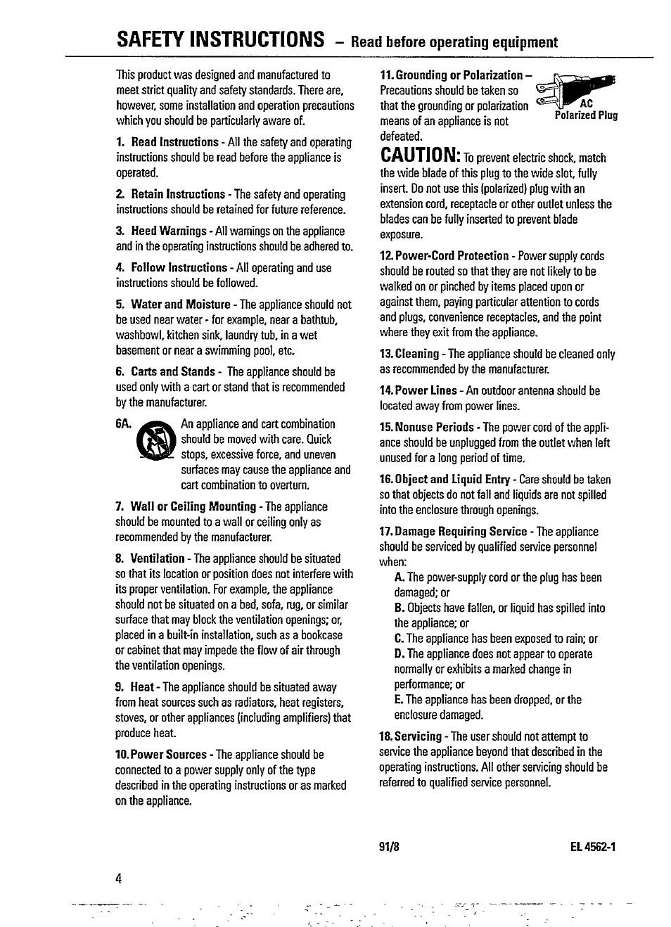 Safety instructions, Caution, Read before operating equipment | Polarized plug | Philips MAGNAVOX AZ 1200/04 User Manual | Page 4 / 20