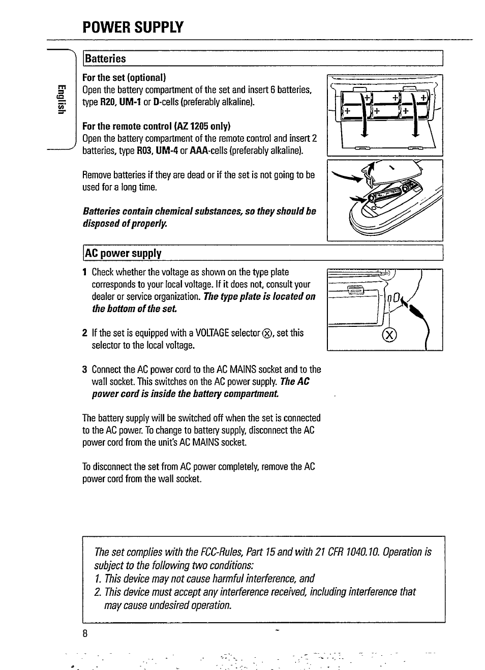 Batteries, Ac power supply, Power supply | Philips MAGNAVOX AZ 1200/04 User Manual | Page 8 / 20