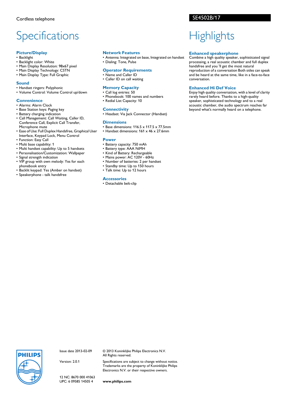 Specifications, Highlights | Philips SE4502B User Manual | Page 2 / 2