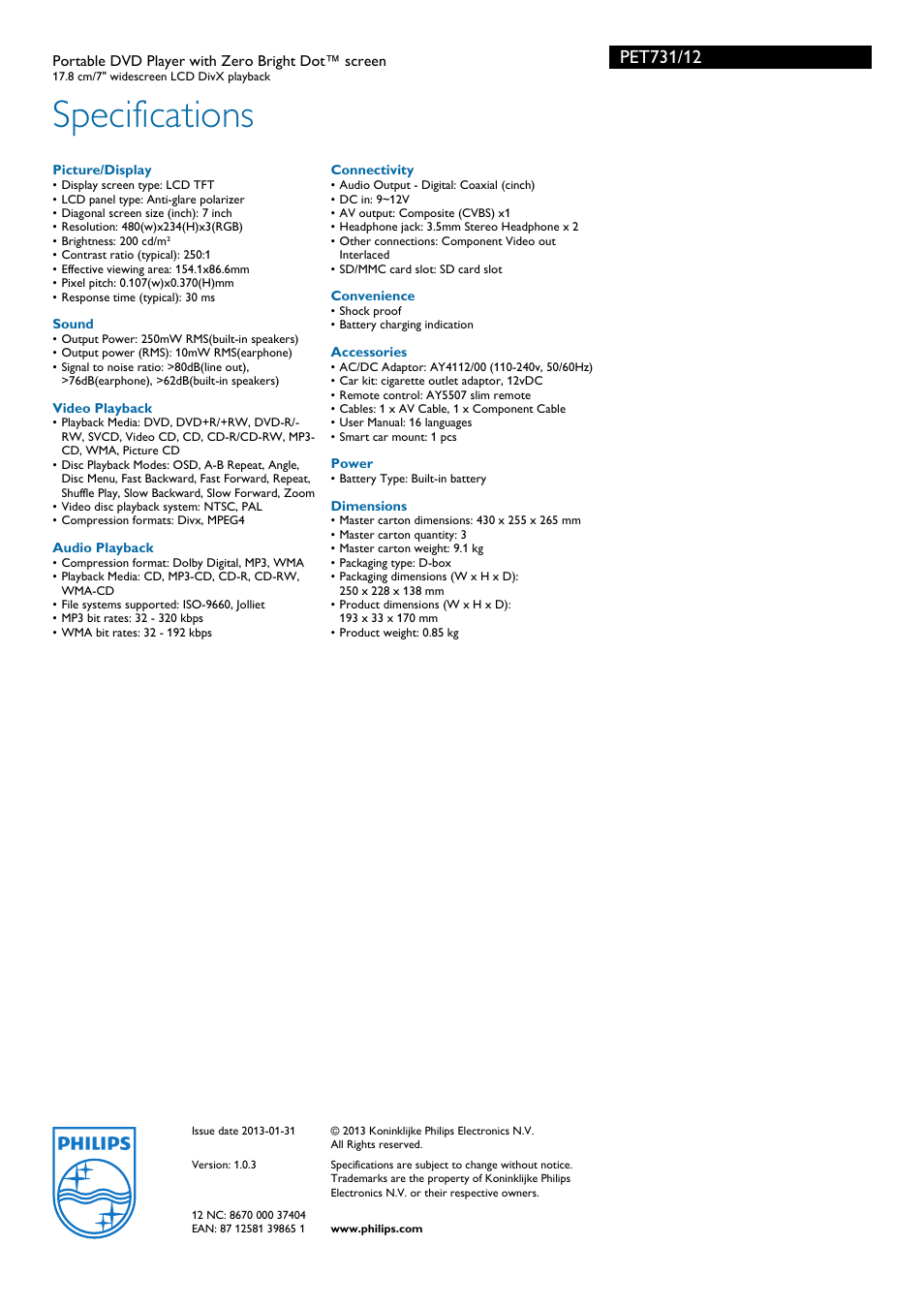 Specifications | Philips PET731 User Manual | Page 3 / 3